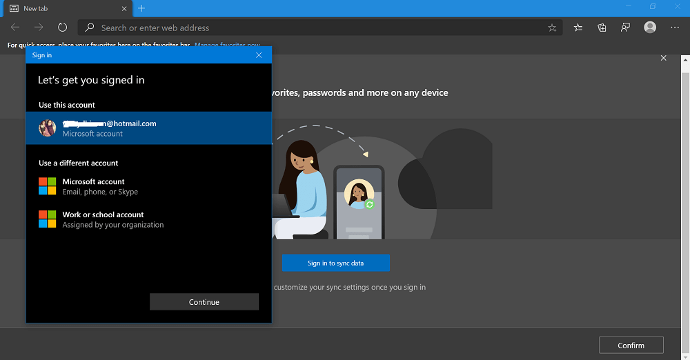 Sign in to Microsoft Edge using Microsoft account