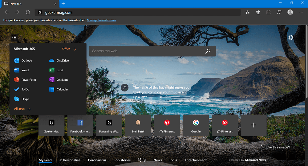 Microsoft Edge New tab page has Office Launcher App button - 72