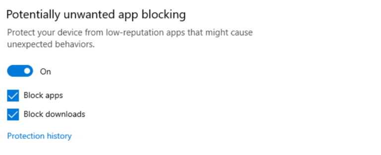 the setting to block potentially unwanted apps is turned off