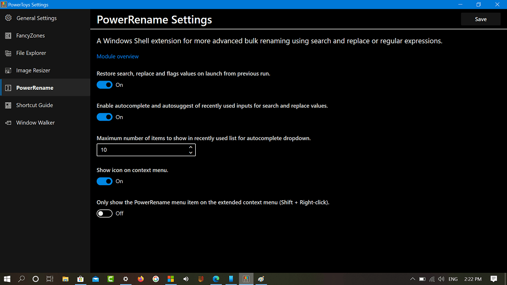 Windows 10 Powertoys PowerRename settings