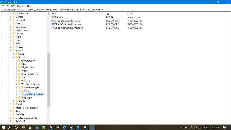 real time protection key in windows 10