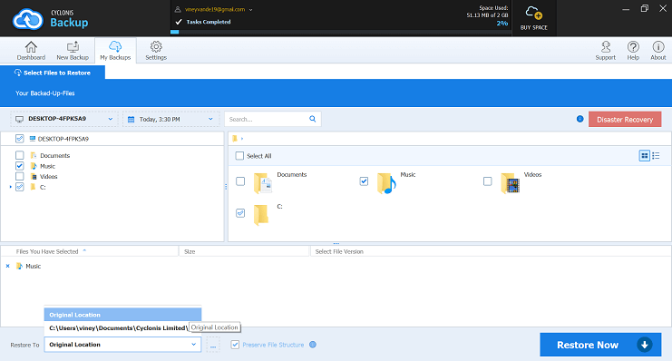 restore data using Cyclonis backup