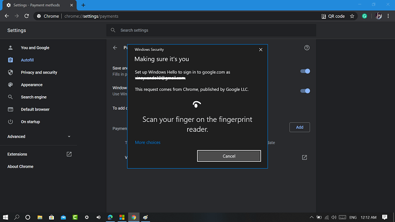 How to Make Payments in Google Chrome using Windows Hello - 74