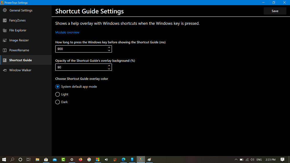 Windows 10 Powertoys Shortcut Guide settings