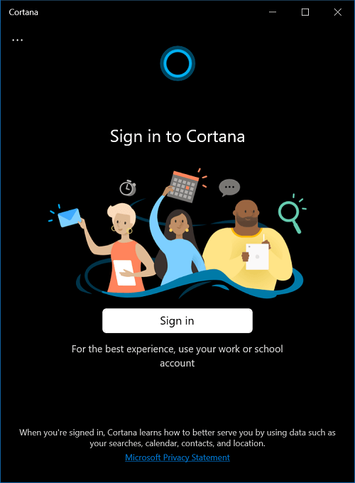 Sign in to Cortana app in windows 10