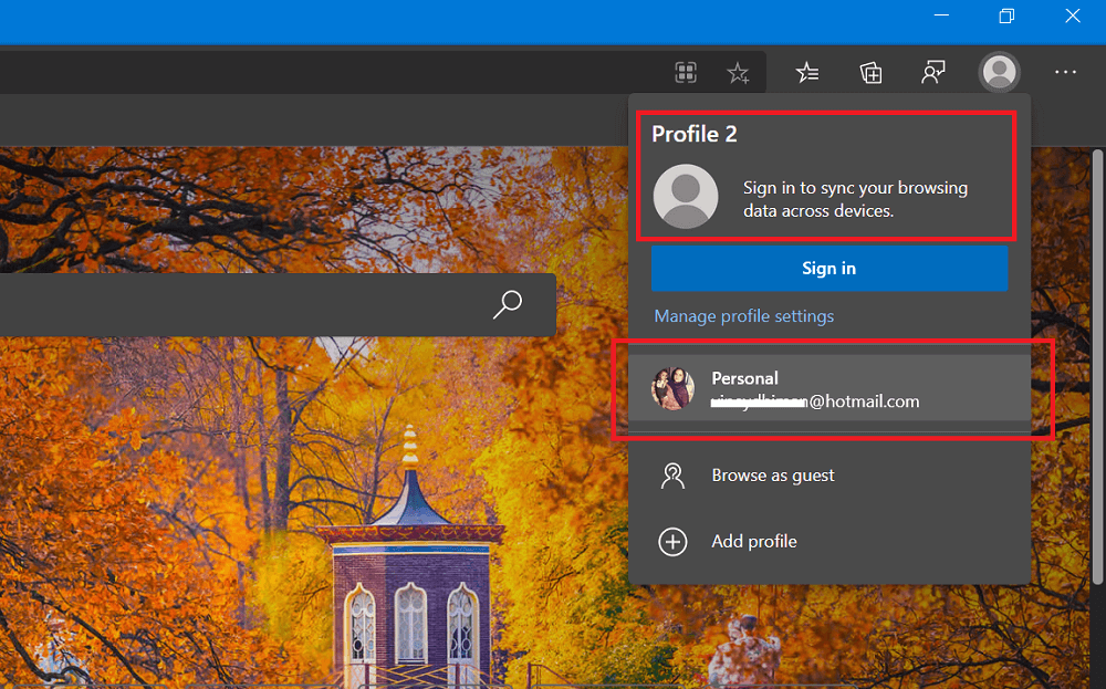 Switch between profiles in Microsoft Edge browser.
