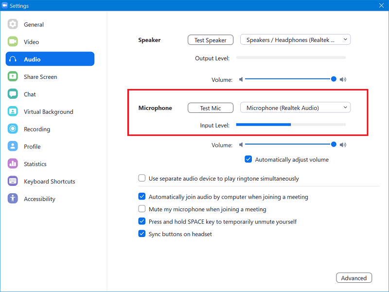 Manage zoom microphone settings