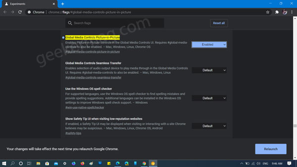 Global Media Controls Picture-in-Picture flag in chrome
