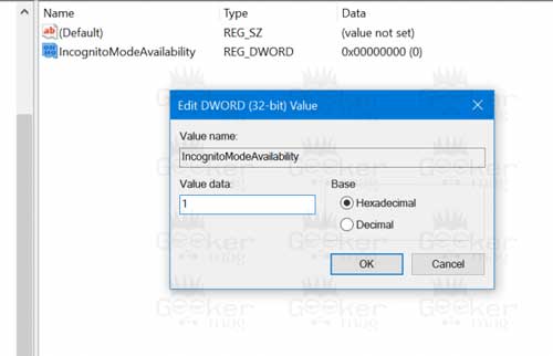 IncognitoModeAvailability  value data 1