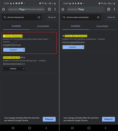 Chrome Share Screenshots" and "Chrome Sharing Hub chrome flags