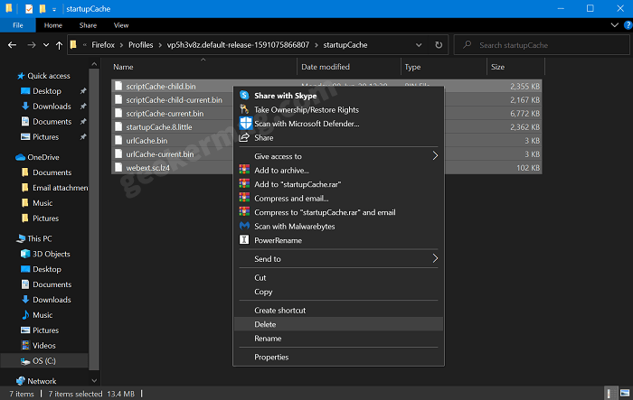 delete firefox startup cache folder in file explorer in windows 10