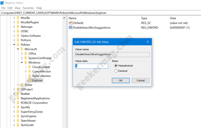 disable search box suggestions dword value in windows 10 version 2004