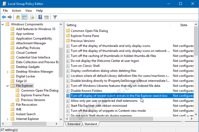 Turn off display of recent search entries in the File Explorer search box policy in windows 10 version 2004