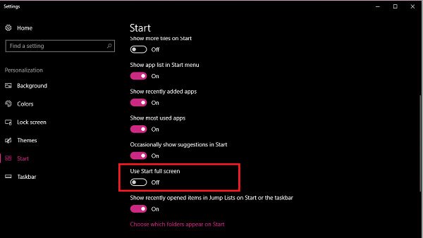enable use full start screen in windows 10