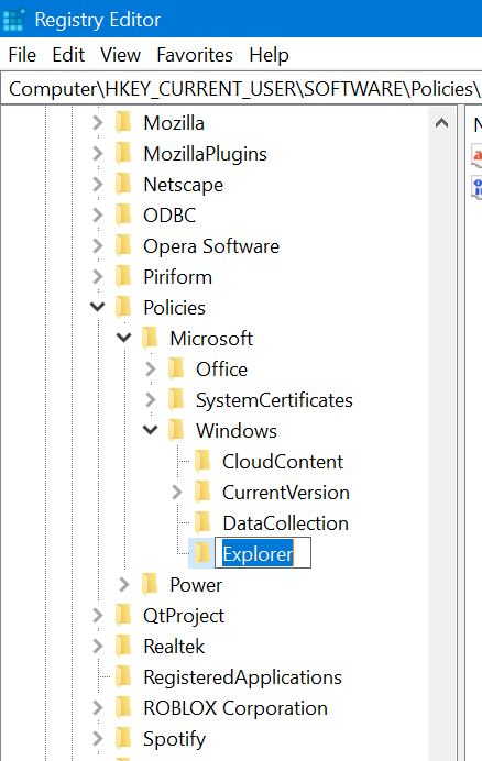 create explorer key in windows 10 registry editor