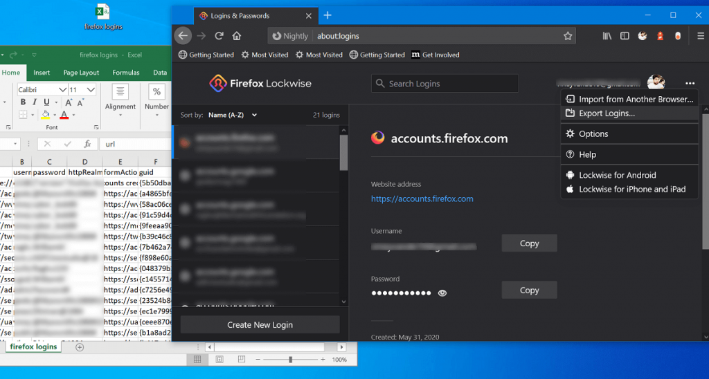 export logins from firefox to csv