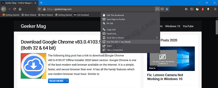 How to  Use This Site in App Mode  in Firefox v77 - 9
