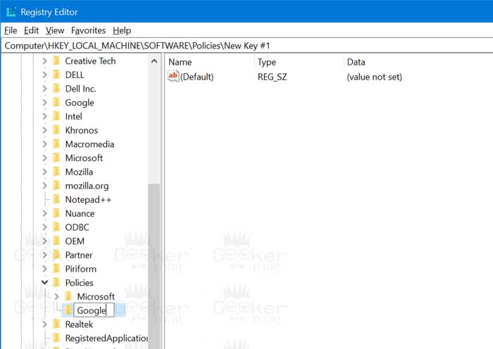create google policy under privacy policy in windows 10 registry editor