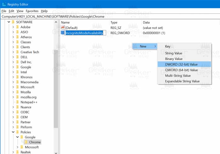 DWORD (32-bit) value and name it IncognitoModeAvailability