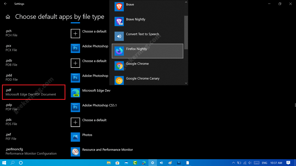 how to set pdf default in windows 10