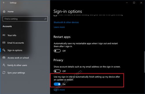 Use my sign-in info to automatically finish setting up my device and reopen my apps after an update or restart
