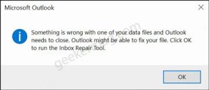 Fix: Outlook issue “Something is wrong with one of your data files” in v2005 build 12827.20268 Fix: Outlook issue "Something is wrong with one of your data files"