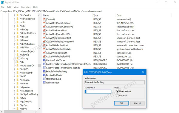 EnableActiveProbing registry in windows 10 v2004