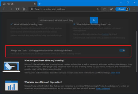 Always use “Strict” tracking prevention when browsing InPrivate in microsoft edge