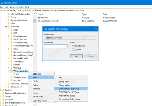 Target release version registry key windows 10