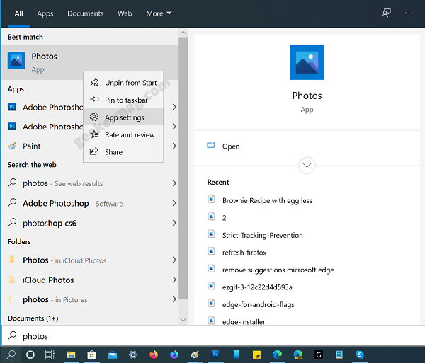 Photos app settings in windows 10