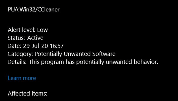 Windows Defender detects CCleaner Potentially Unwanted App - 48