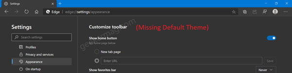 microsoft edge default theme settings missing