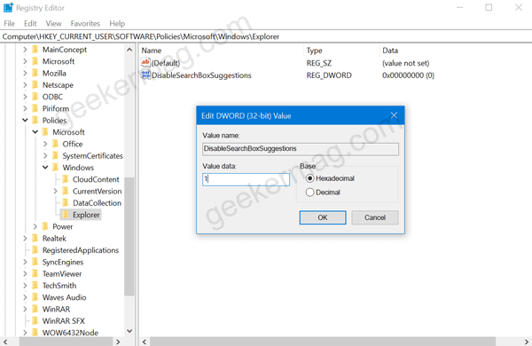 disable search box suggestion 32- bit dword value in windows 10