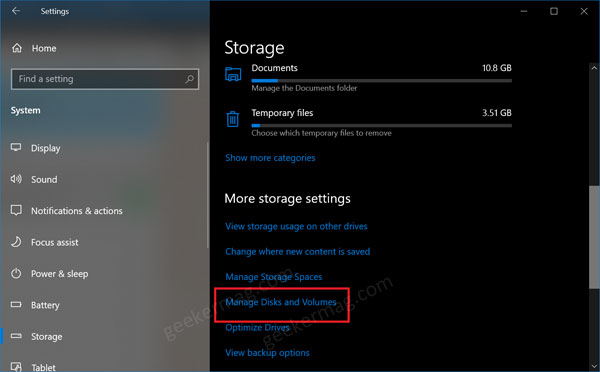 manage disk and volumes in windows 10 settings app