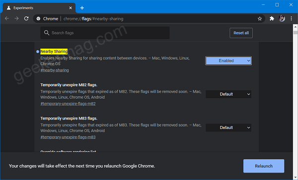 neaby sharing flag in chrome stable