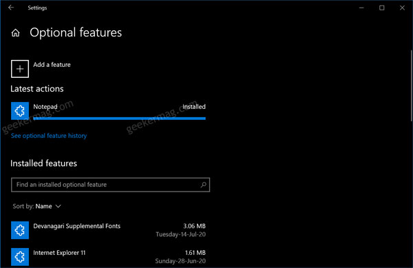 Notepad installed in windows 10
