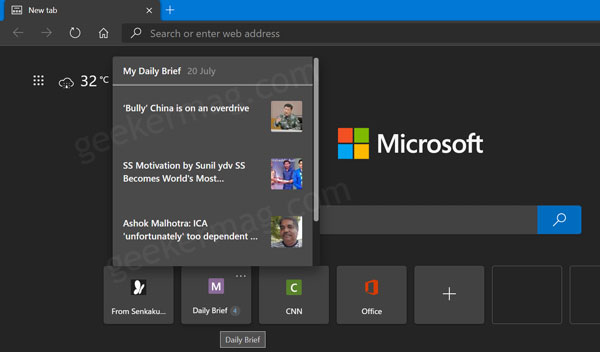 Microsoft Edge NTP Quick Links Tiles Showing Preview of Site - 18