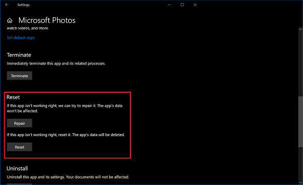 reset photos app in windows 10