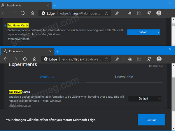 Tab hover cards and tab hover cards image in edge browser