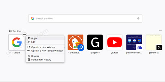 How to Remove Pinned Google Search icon from Firefox Address bar