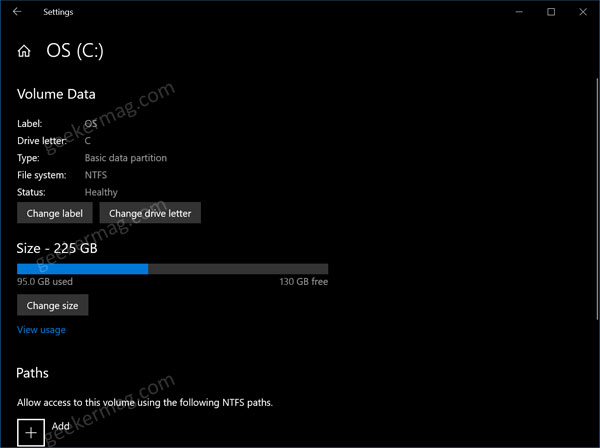 Volume data information in windows 10 settings app