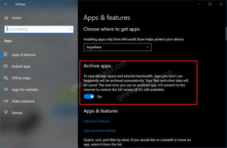 Archive apps option in windows 10 settings app