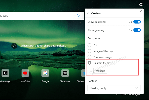 Edge Canary gets  Custom Theme  option in New Tab Page Menu - 13