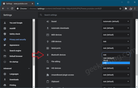 manage web bluetooth device from chrome site settings ui