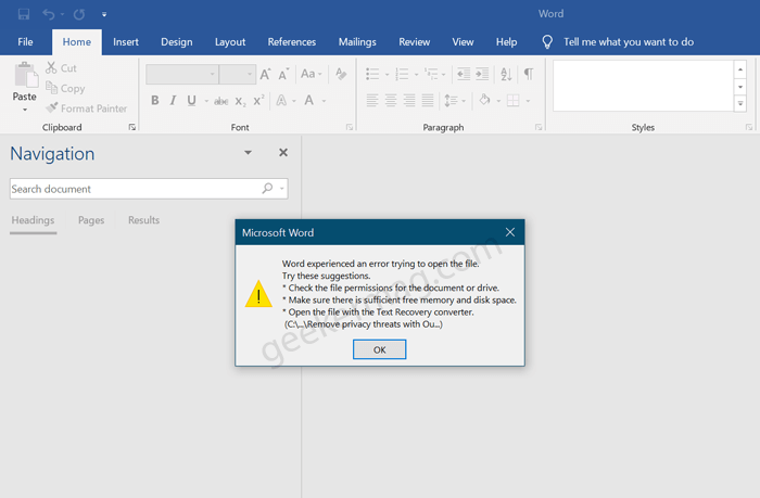 Fix  Word experienced an error trying to open the file