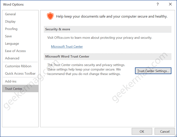 word app trust center settings