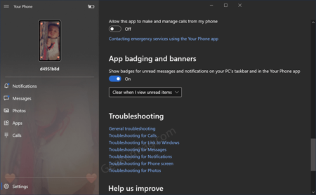 Your Phone app for Windows 10 Get Troubleshooting Section