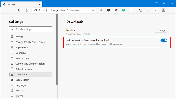 Ask me what to do with each download setting in microsoft edge