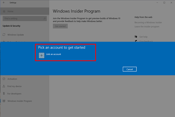 Pick an account to get started - windows insider program