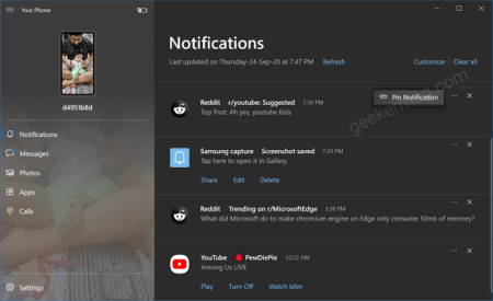 Here's How to Pin Notification in Your Phone app for Windows 10